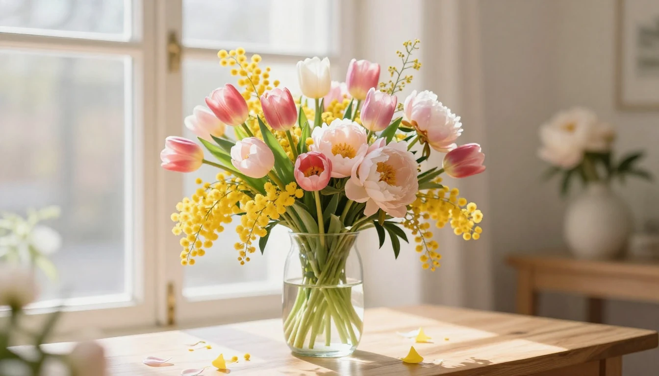 A vibrant and lush bouquet of spring flowers including tulip...