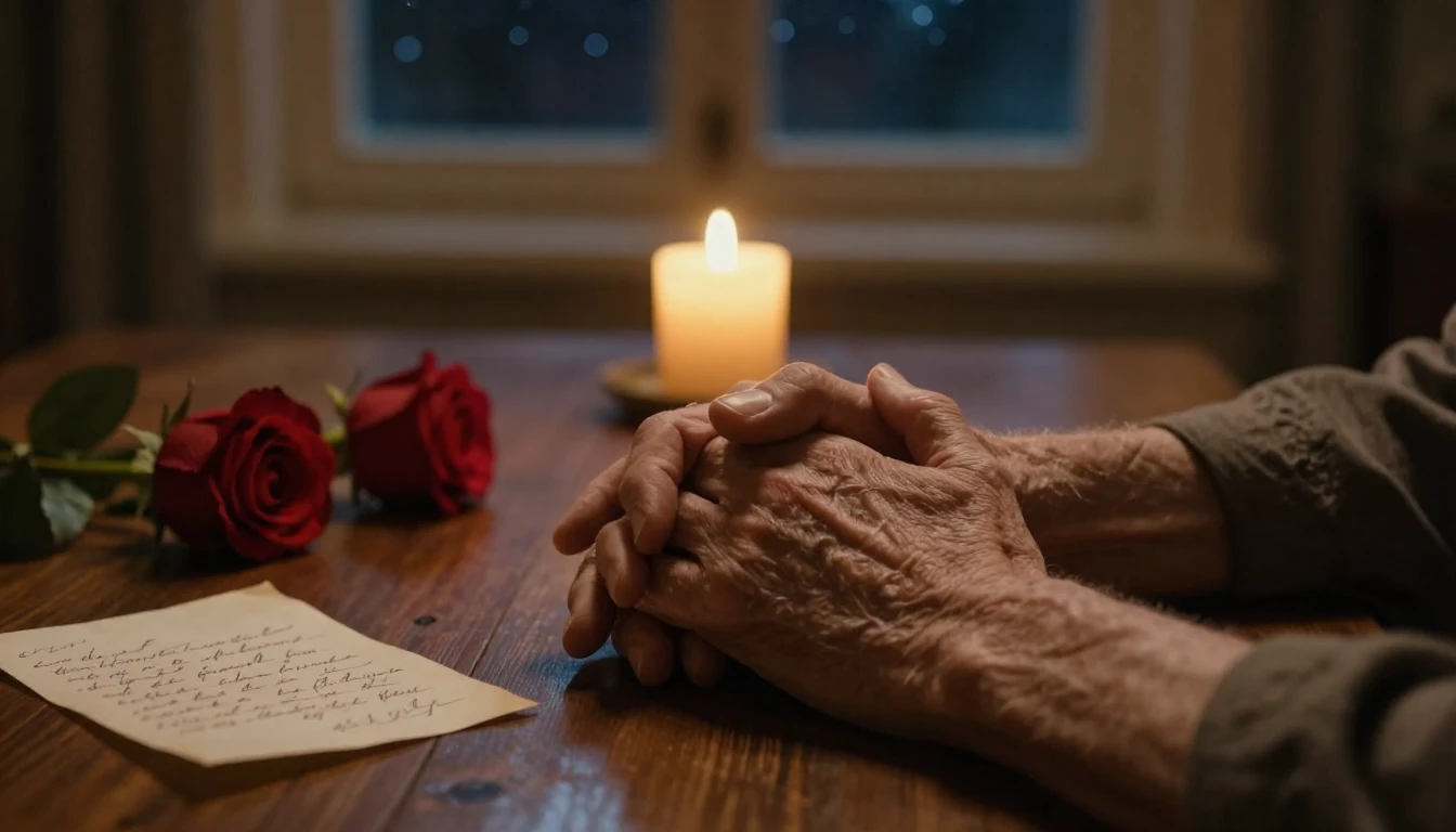 A cinematic close-up shot of two elderly hands holding each ...