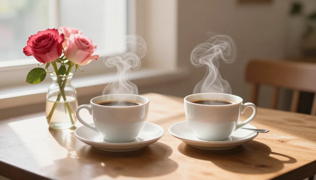 A warm and inviting scene featuring two steaming cups of cof...