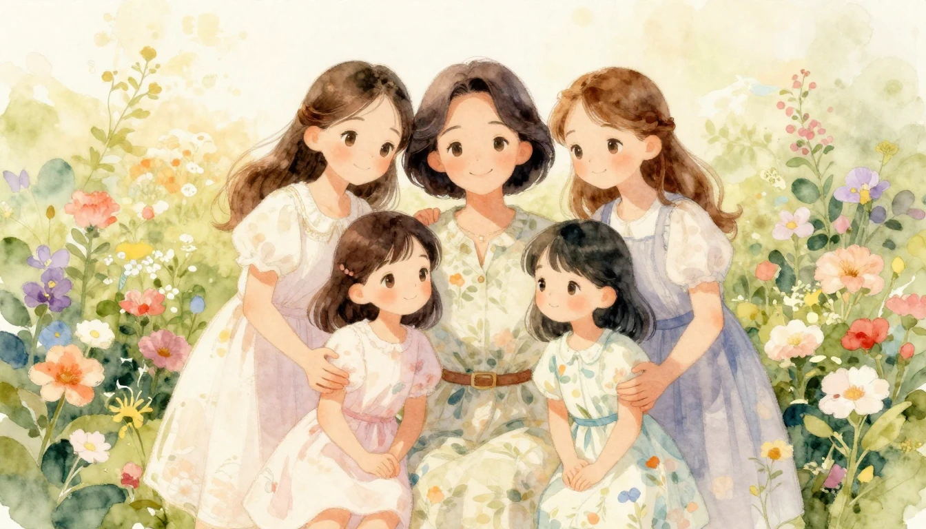 A heartwarming watercolor illustration of a family group por...