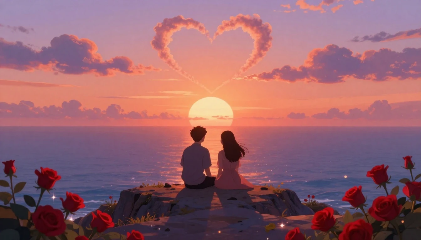 A romantic and magical illustration of a couple sitting on a...