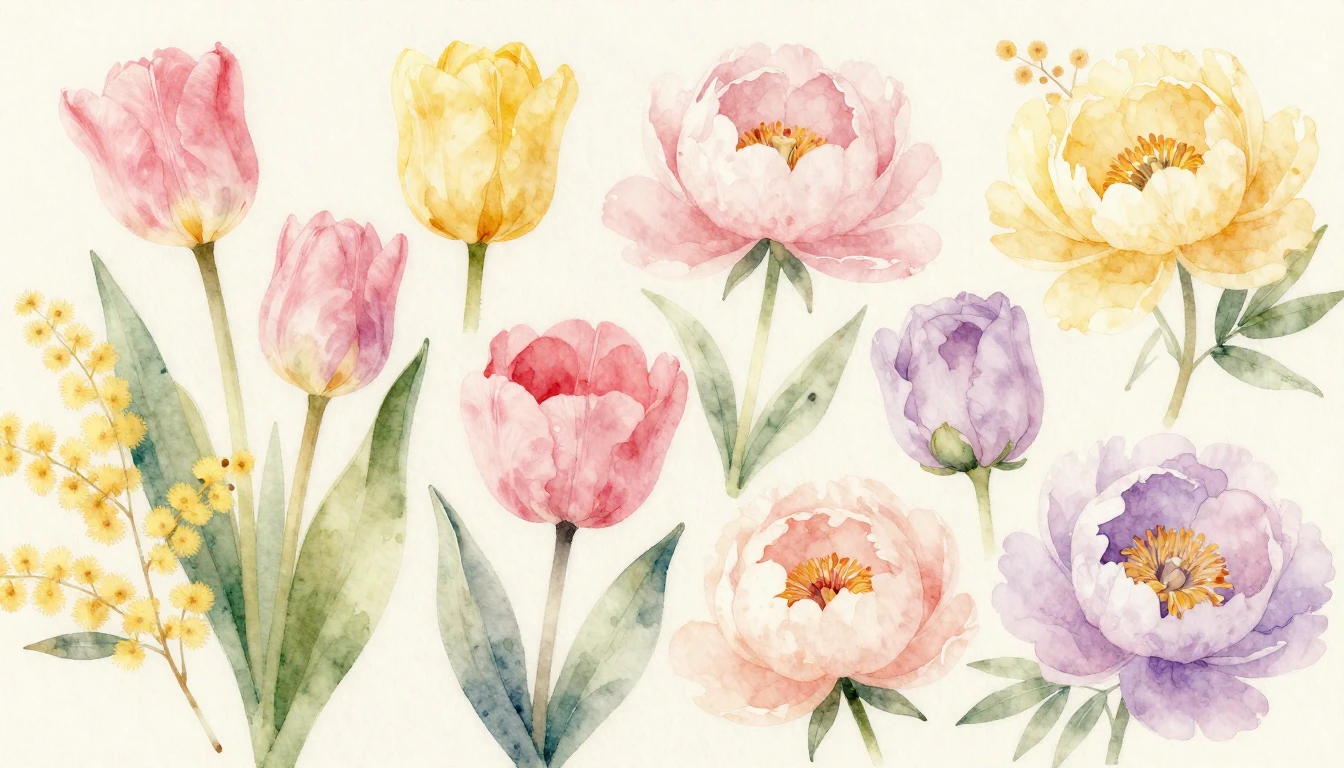 A beautiful and delicate watercolor painting of various bloo...