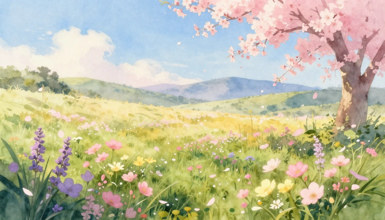 A breathtaking watercolor painting of a lush spring meadow d...