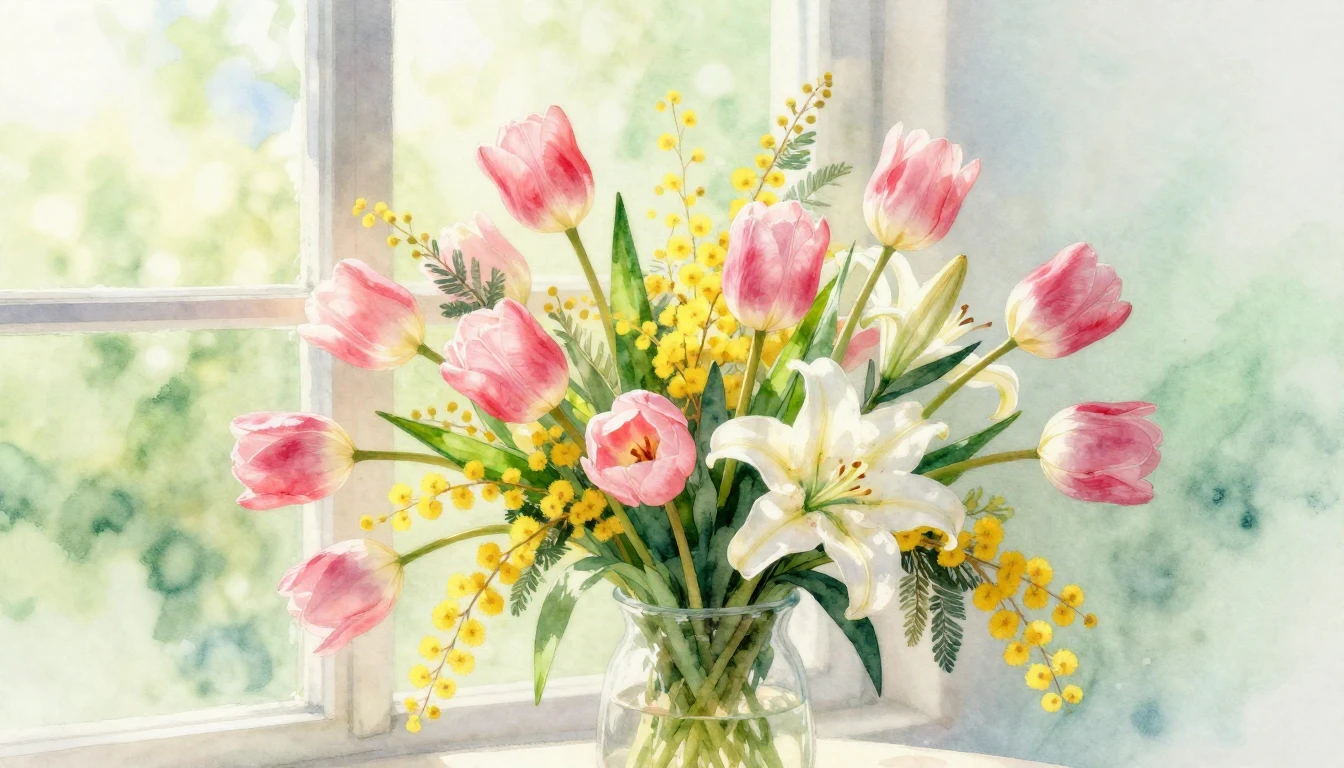 A vibrant and delicate watercolor painting of a lush spring ...