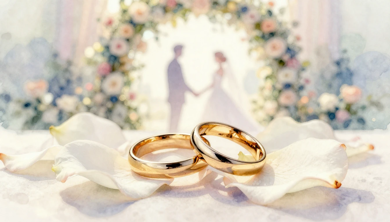 A soft and romantic watercolor painting representing a weddi...