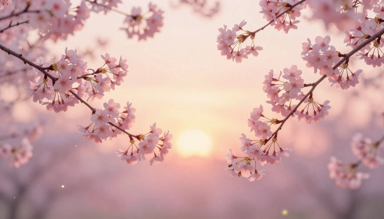 A dreamlike scene featuring two delicate cherry blossom bran...