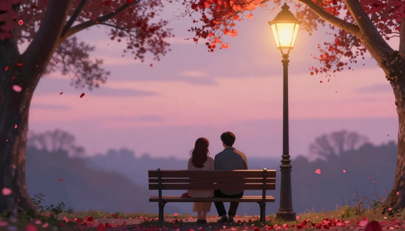 A romantic and soft composition depicting a couple sitting o...