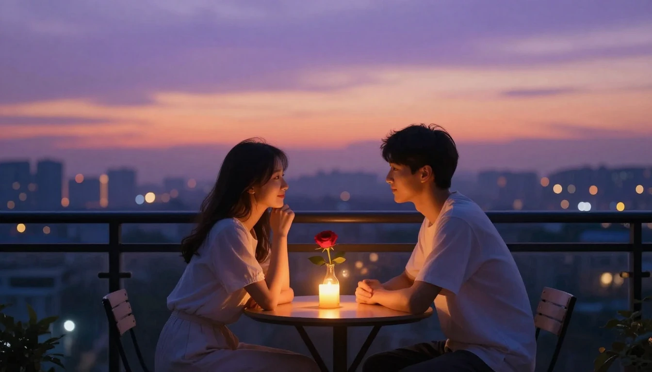 A romantic and intimate scene depicting a couple sitting at ...