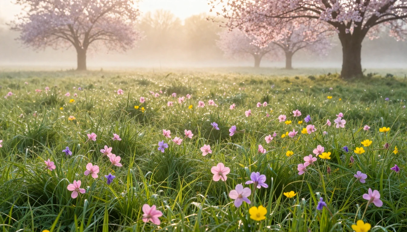 A vast, sun-drenched meadow at dawn during early spring. Cou...
