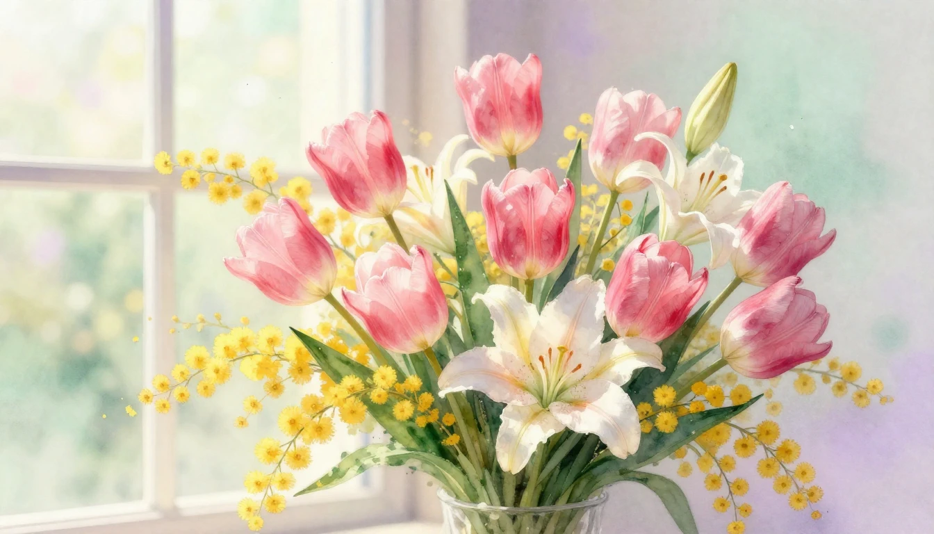 A delicate watercolor painting of a lush bouquet featuring p...