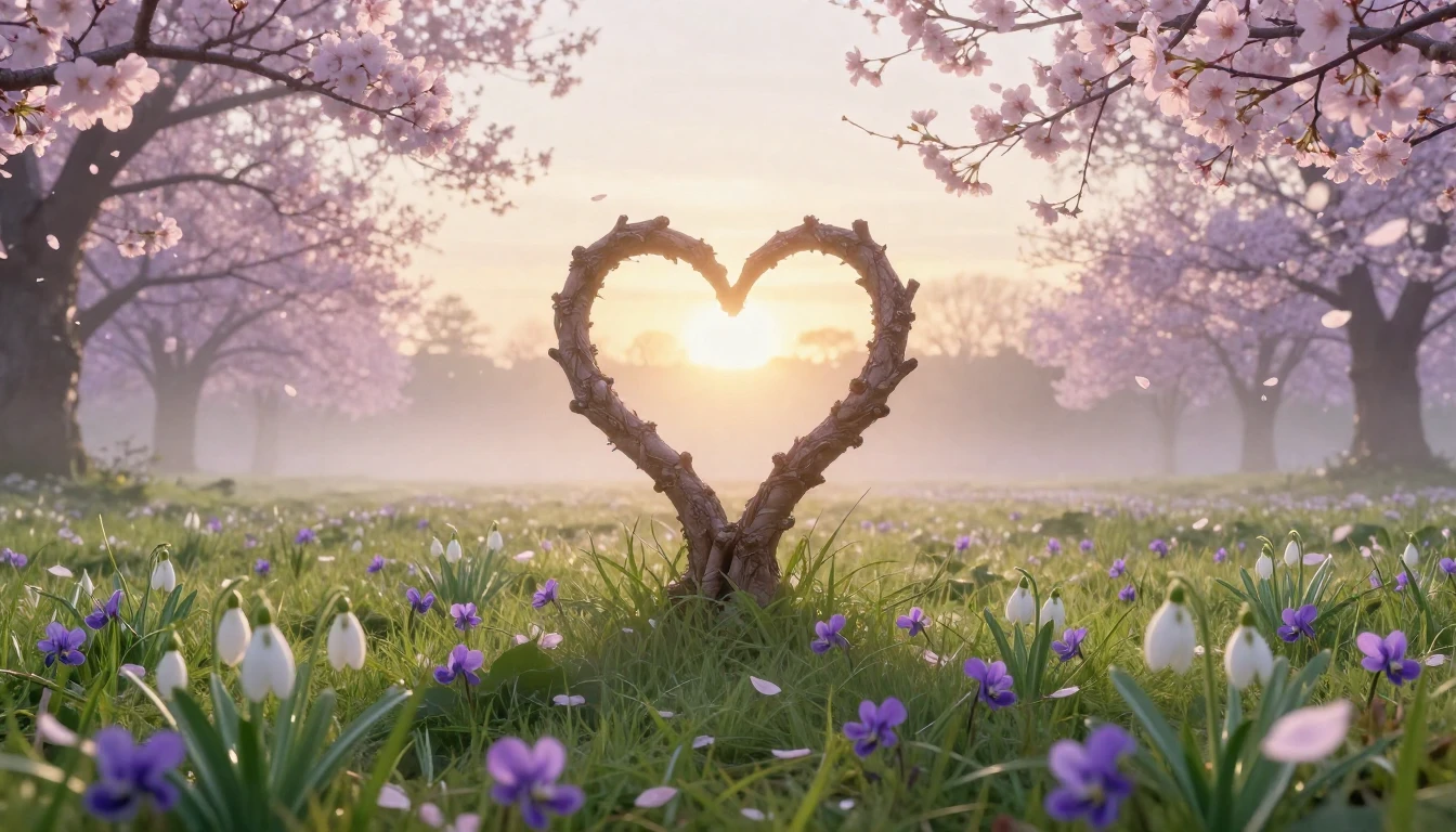 A breathtaking landscape of a blooming meadow at dawn during...