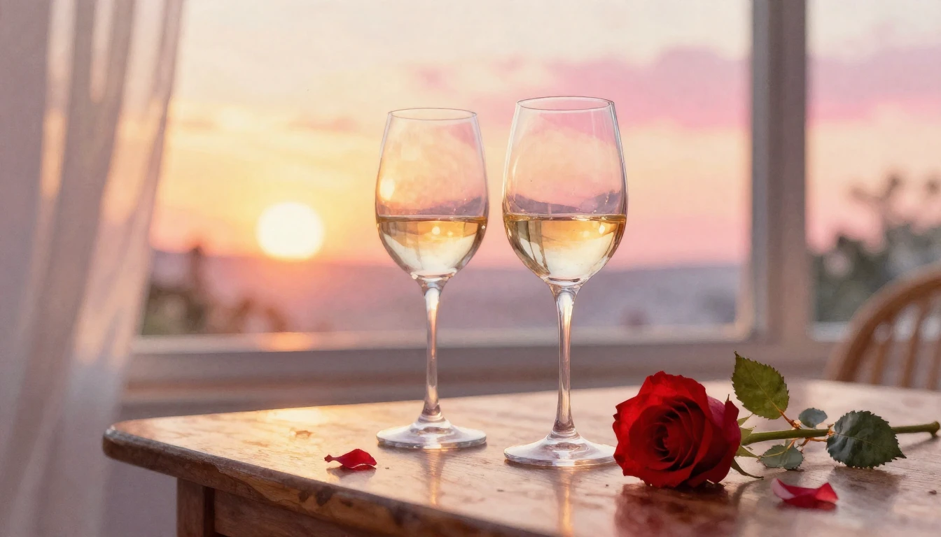 A dreamlike watercolor painting of two elegant wine glasses ...