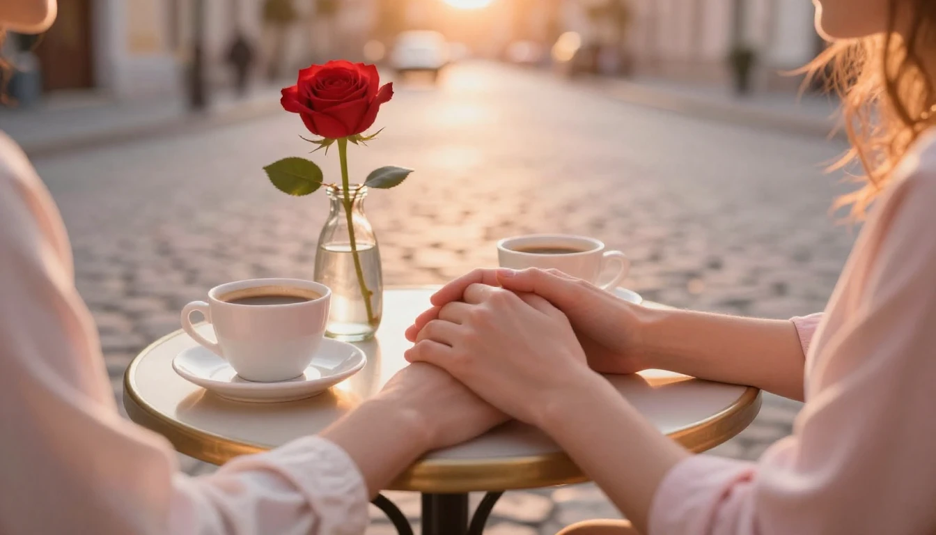 A romantic and intimate scene showing a close-up of two hand...