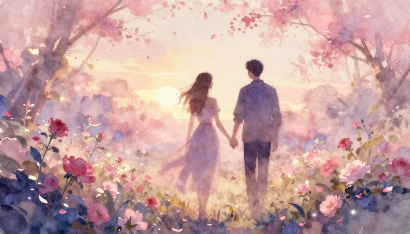 A dreamy and ethereal watercolor painting of two silhouettes...