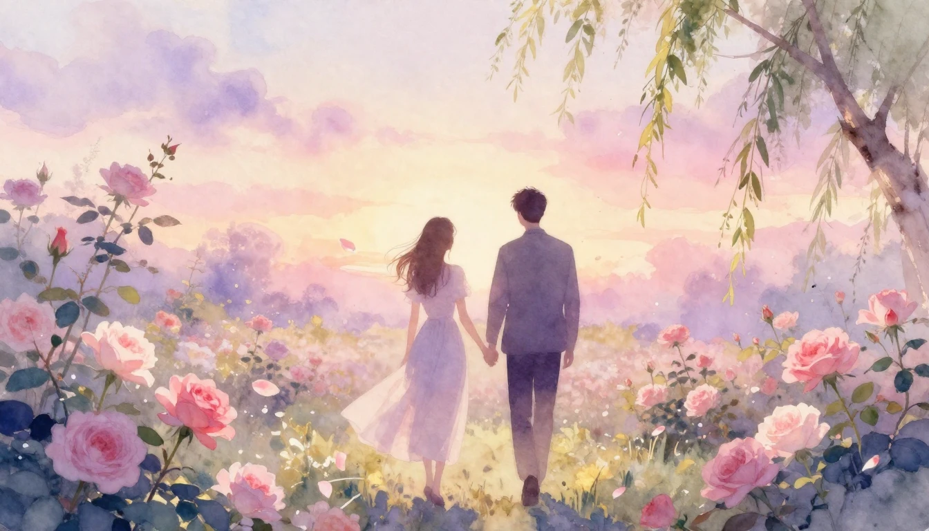 A delicate watercolor painting of two silhouettes walking ha...