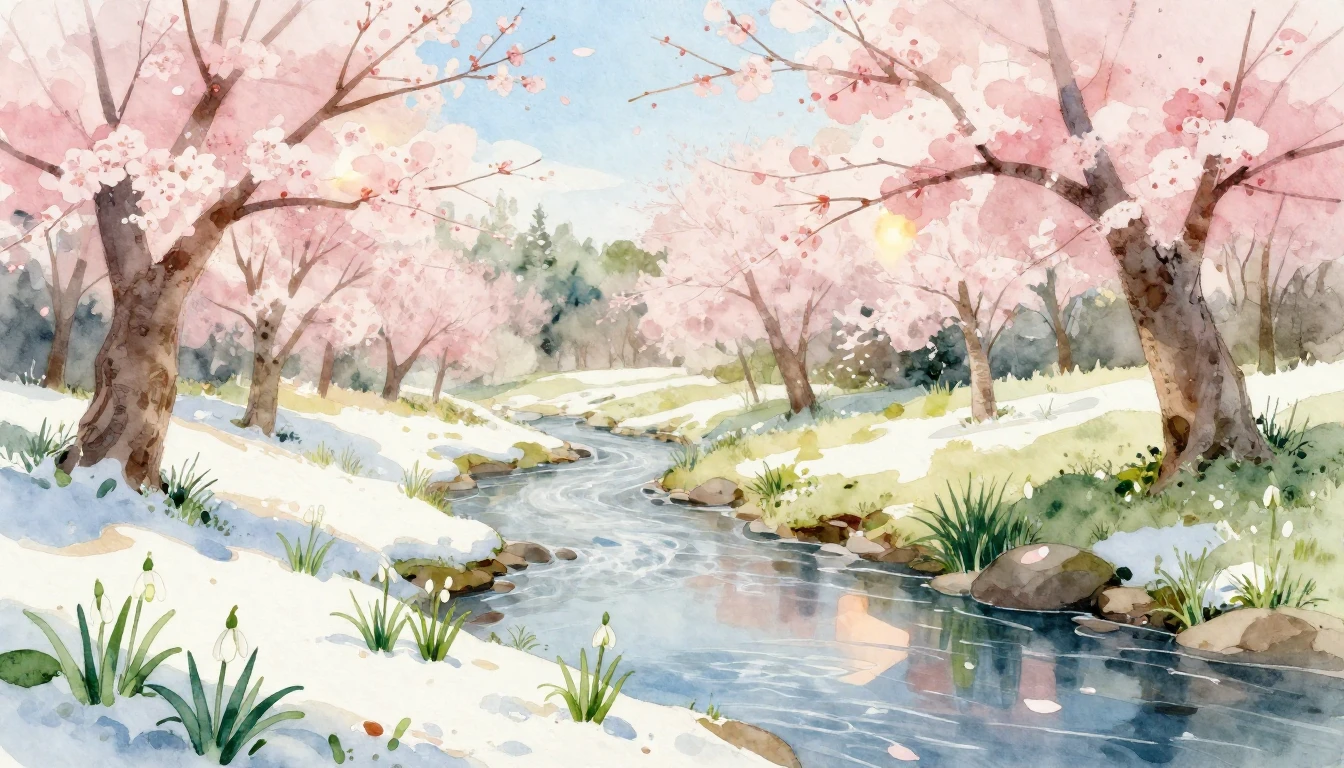 A delicate watercolor illustration of a serene landscape tra...