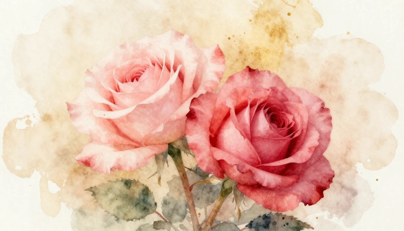 A delicate watercolor painting of two intertwined roses in s...