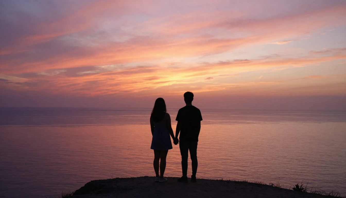 Two silhouettes of lovers standing close together on a cliff...