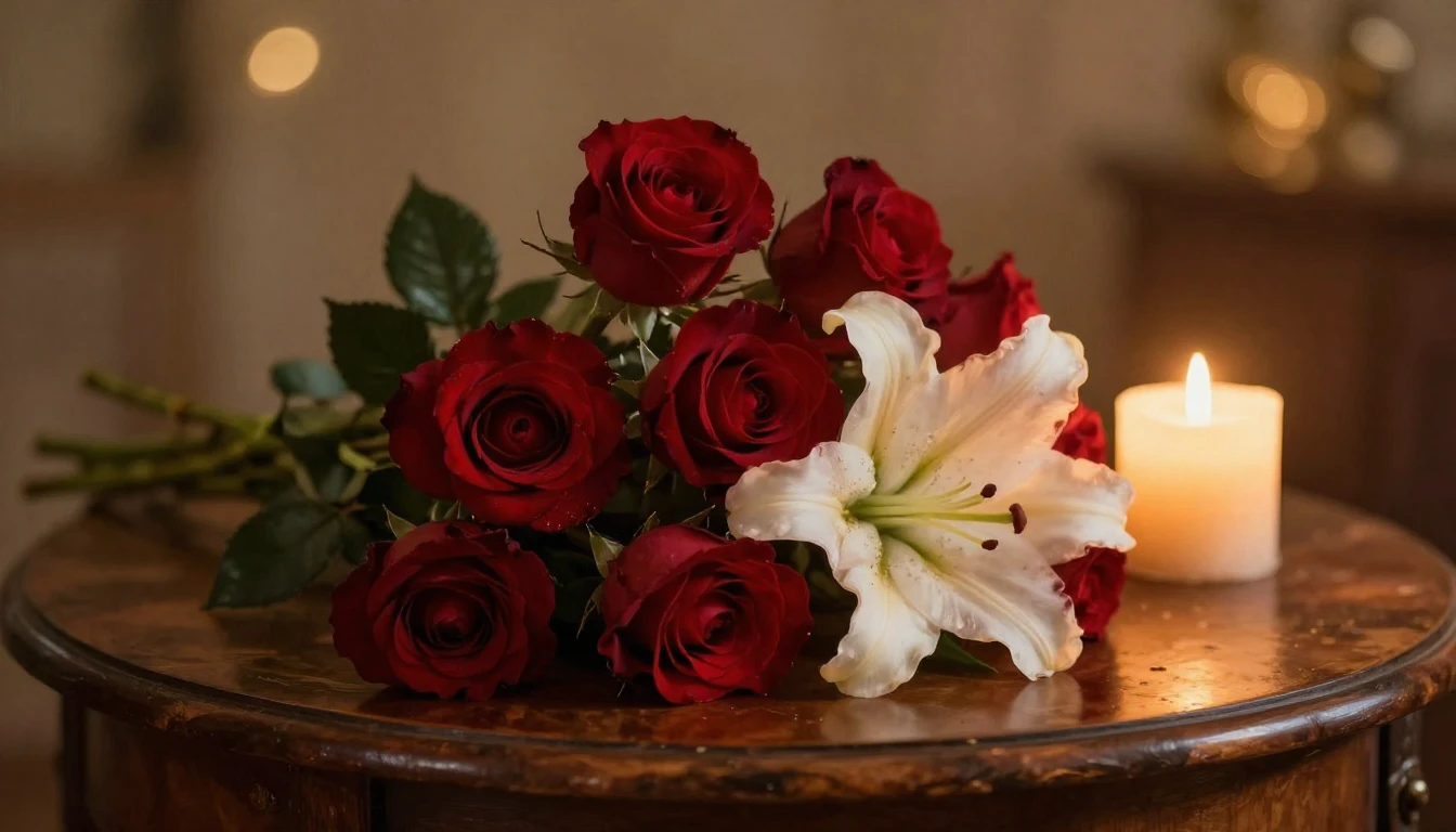 A lush, romantic scene featuring a bouquet of deep red roses...