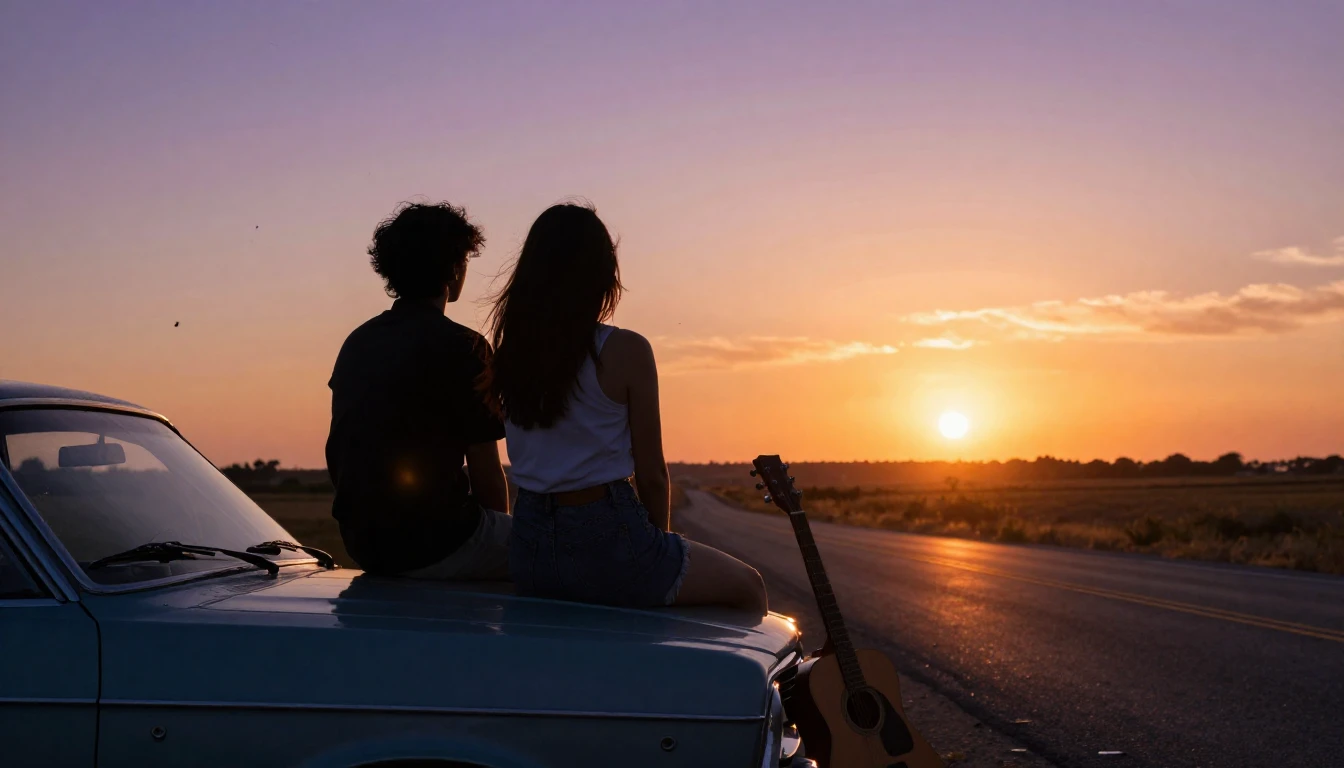 Two silhouettes of friends sitting on the hood of a vintage ...