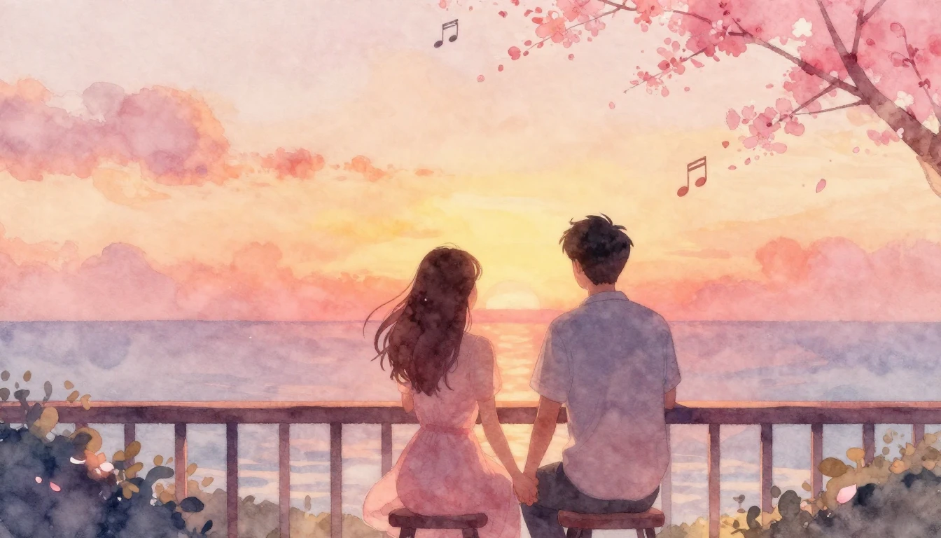 A romantic, dreamy watercolor painting depicting a couple si...