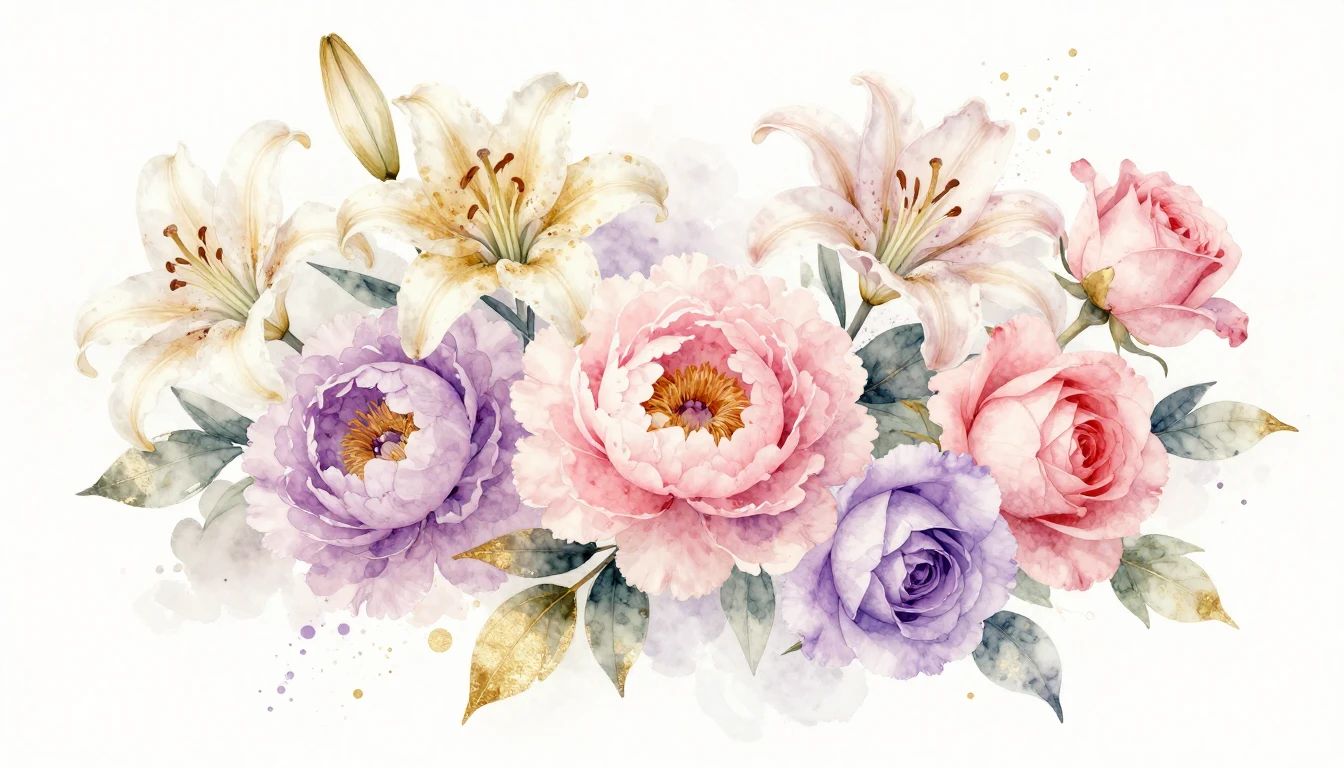 A delicate watercolor painting of various blooming flowers l...