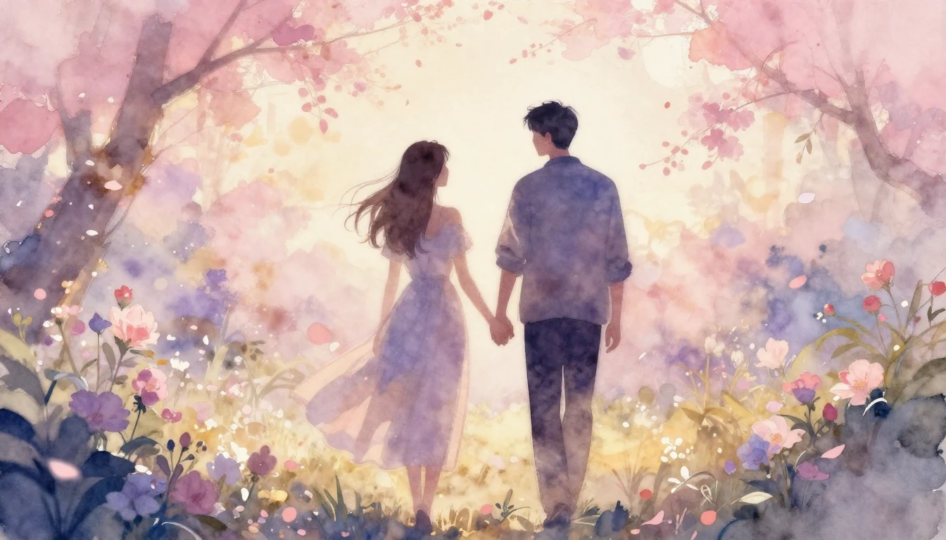 A delicate watercolor painting of two silhouettes walking ha...