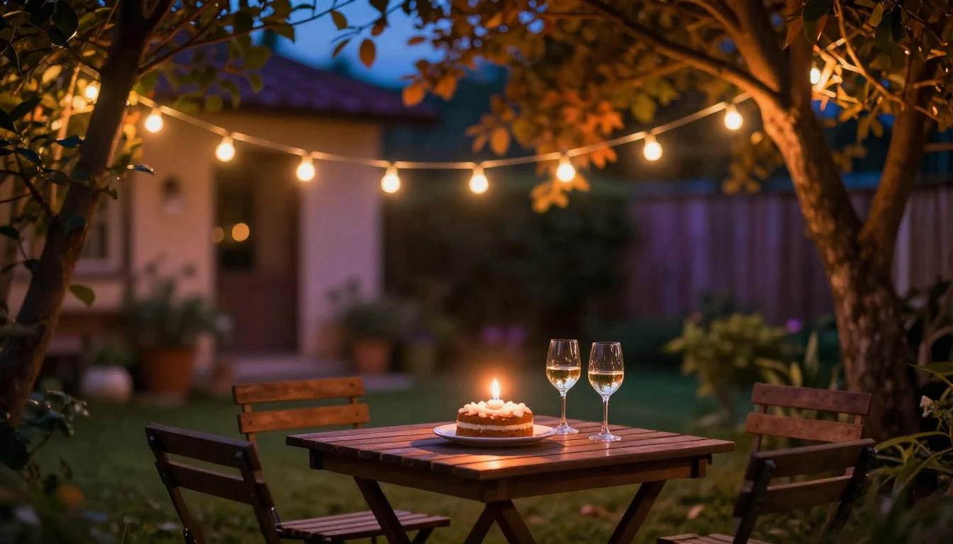 A cozy outdoor garden scene at dusk, illuminated by soft str...