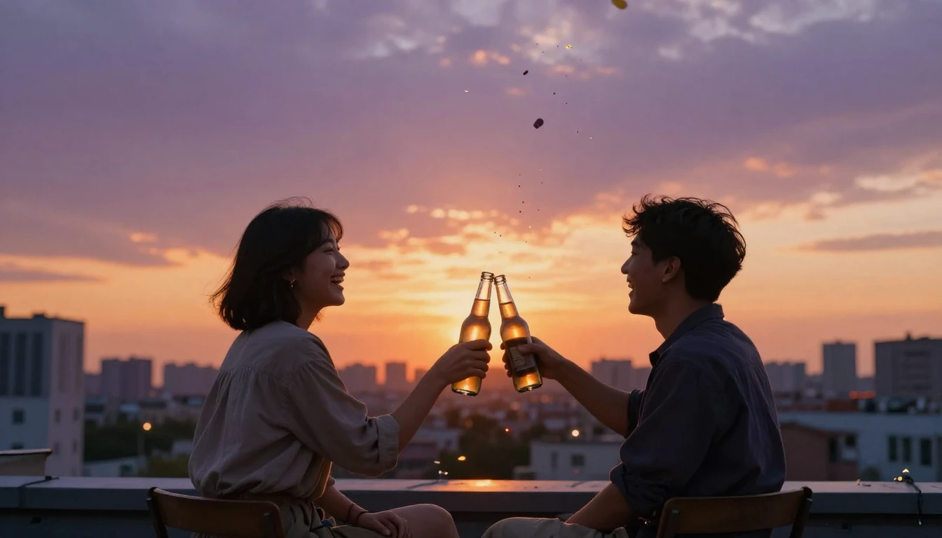 A warm and nostalgic scene of two friends sitting on a rooft...