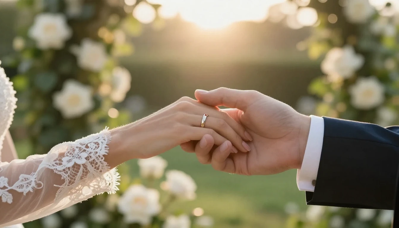A cinematic close-up shot representing a wedding celebration...
