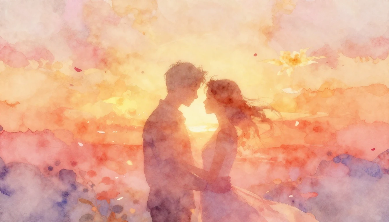A soft watercolor painting depicting two abstract silhouette...