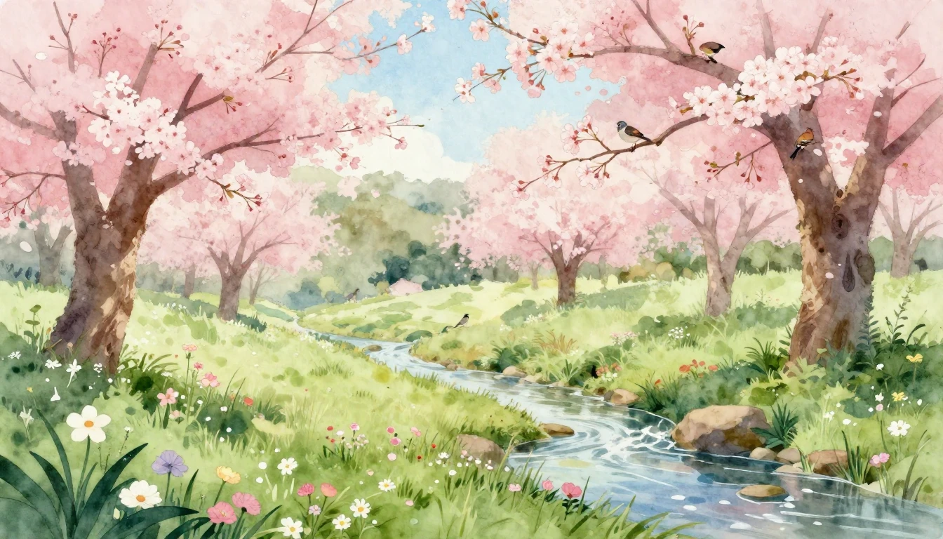 A delicate watercolor painting of a lush meadow filled with ...