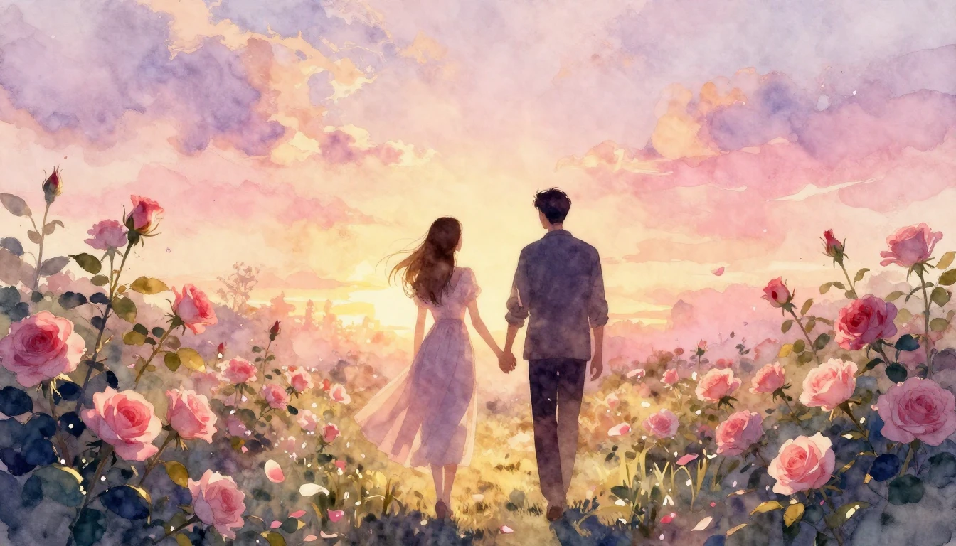 A beautiful watercolor painting of two silhouettes walking h...
