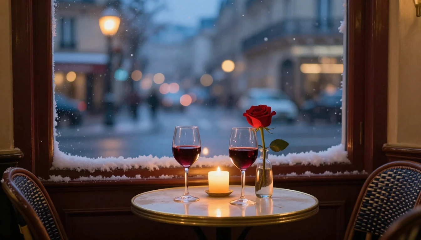 A romantic and intimate scene set in a cozy Parisian cafe at...