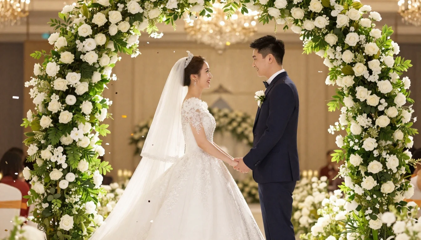 A festive and romantic wedding concept art showing a bride i...