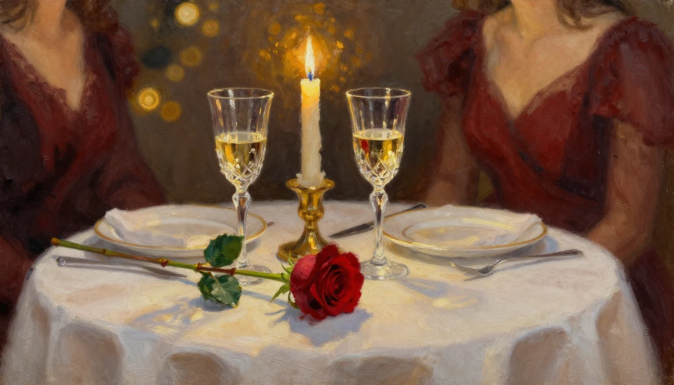 An exquisite oil painting of a candlelit dinner table set fo...
