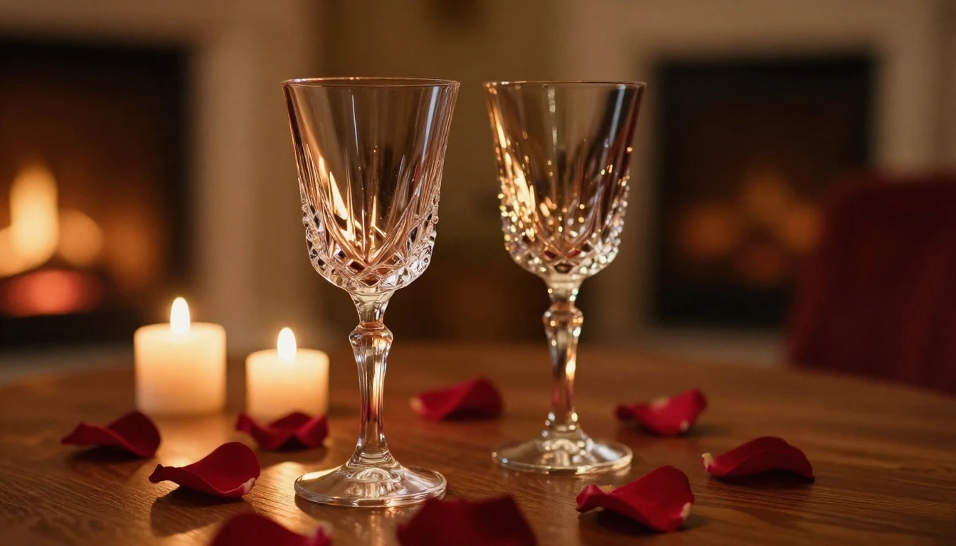 A close-up cinematic shot of two elegant crystal glasses on ...