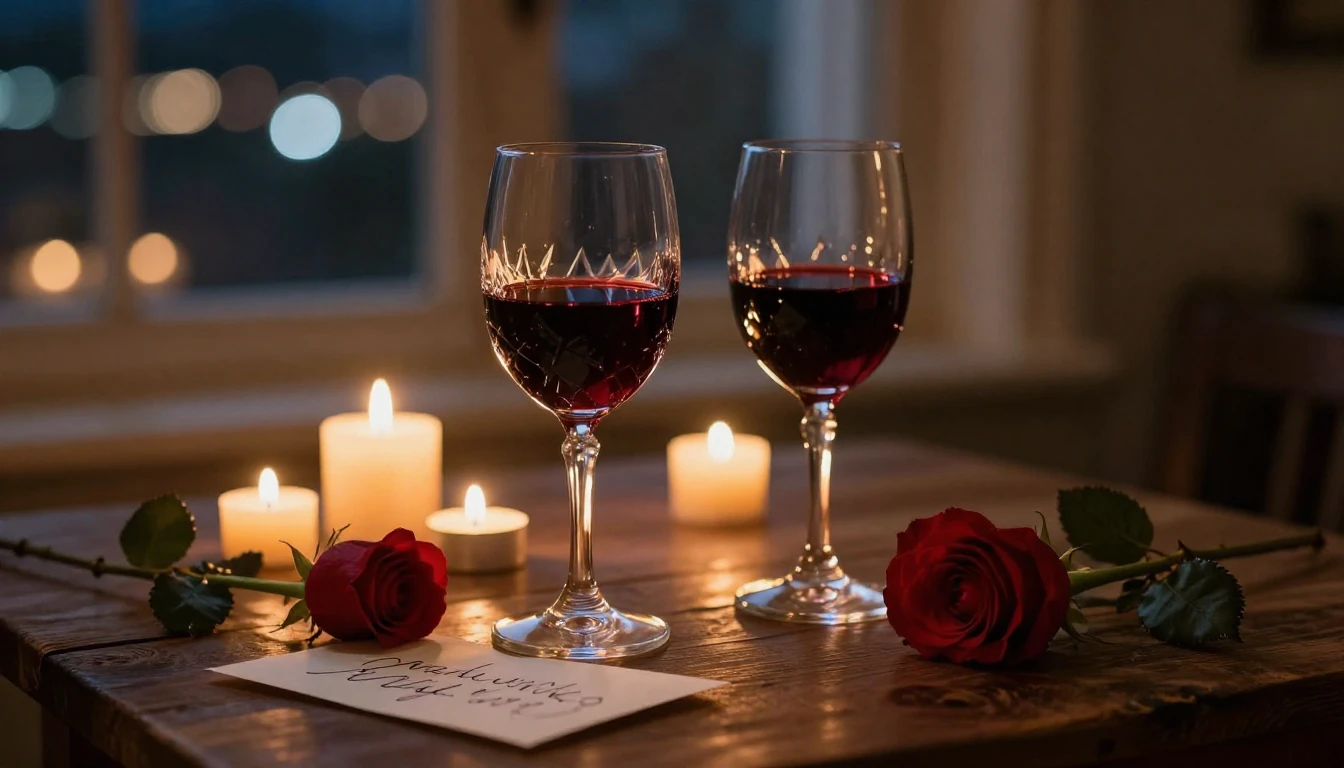 A close-up, intimate composition of a romantic evening setti...