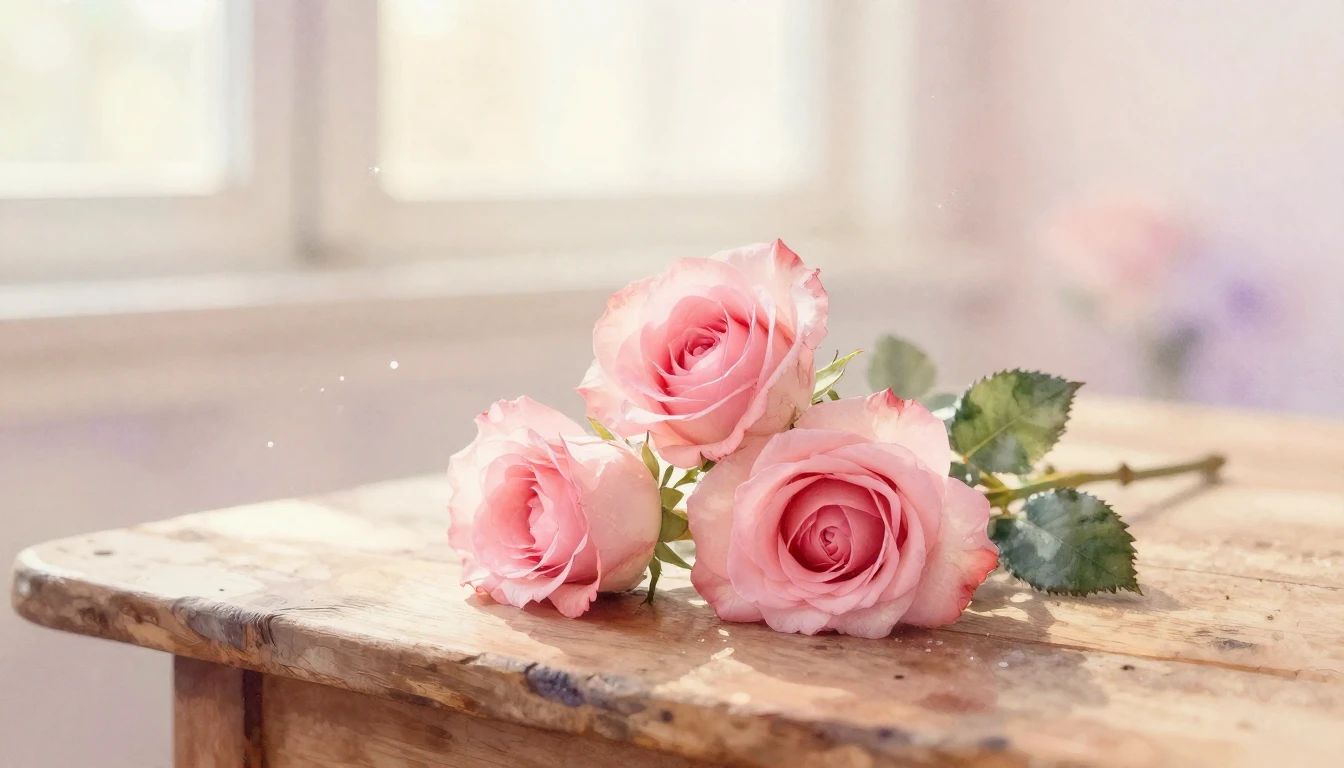 A soft and ethereal watercolor painting of two delicate pink...