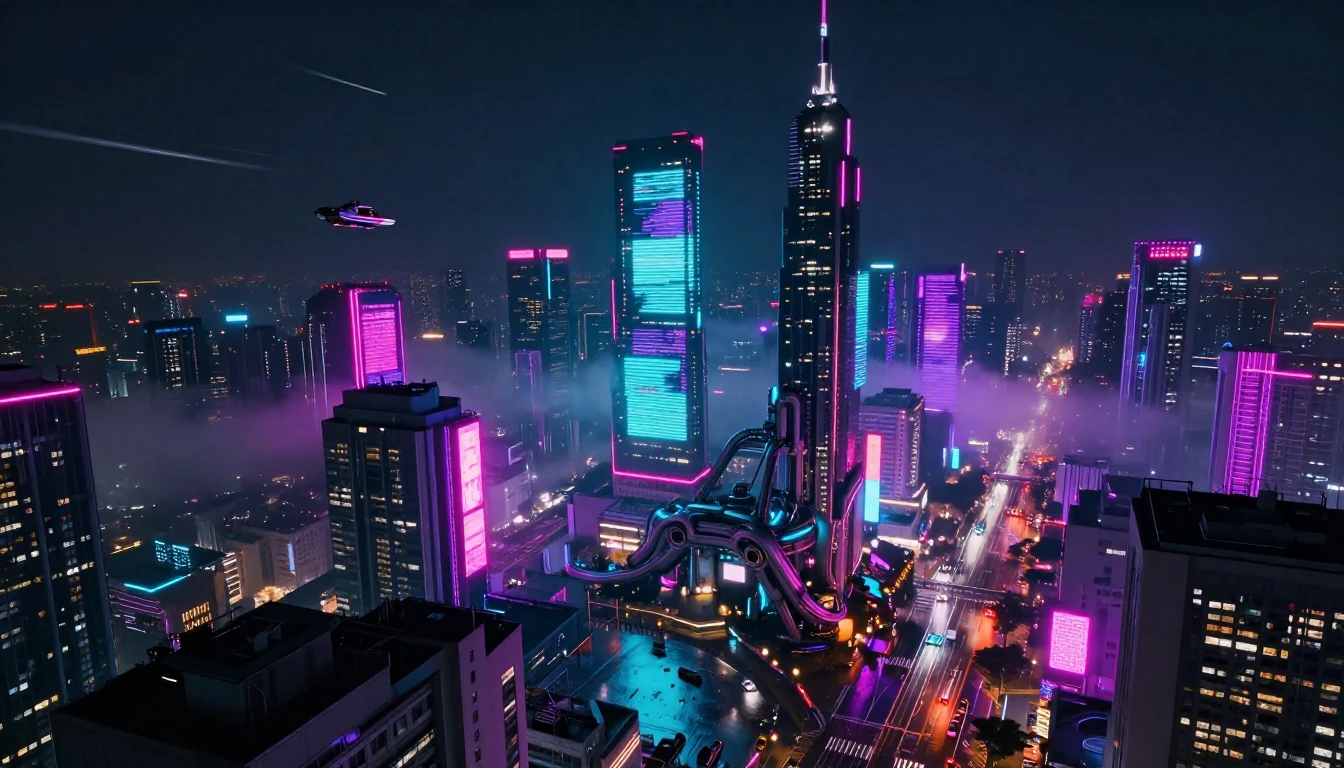 A sprawling futuristic cityscape at night, viewed from a hig...