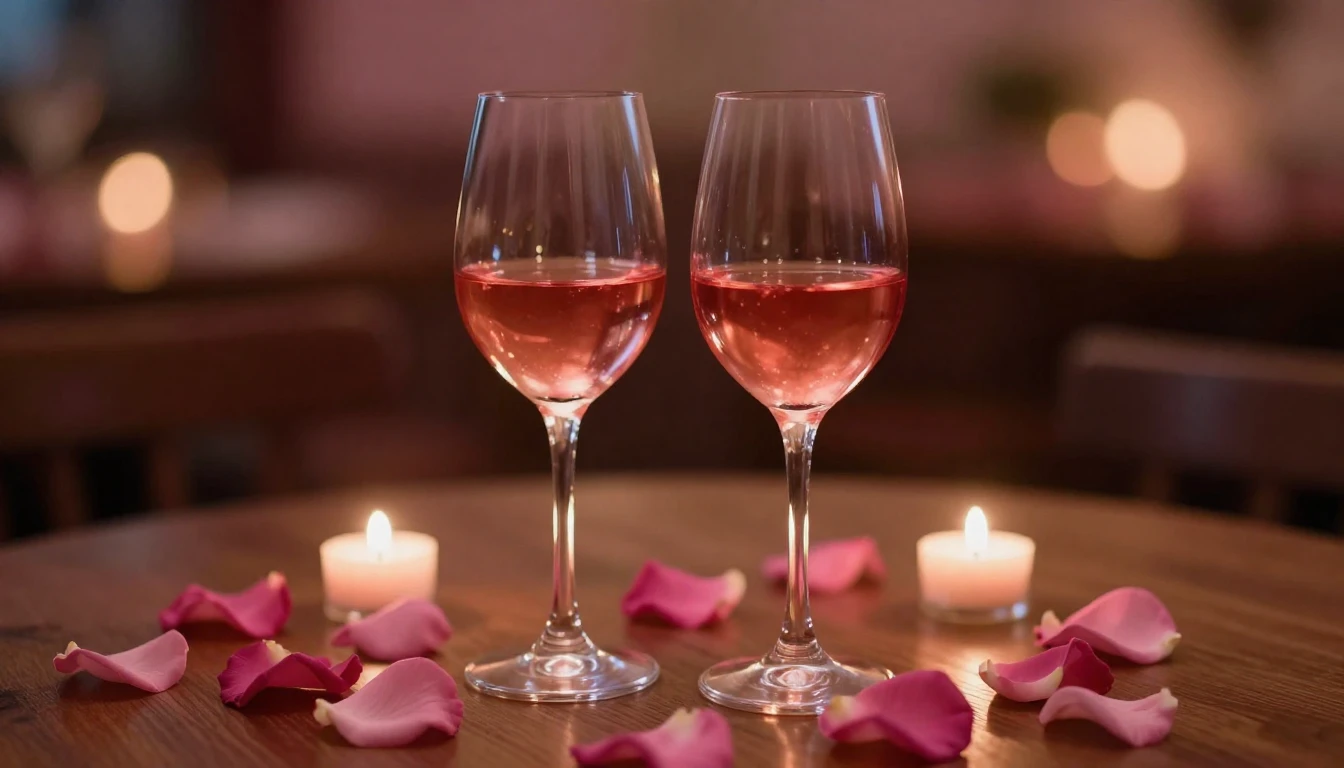 A delicate and romantic scene featuring two elegant wine gla...