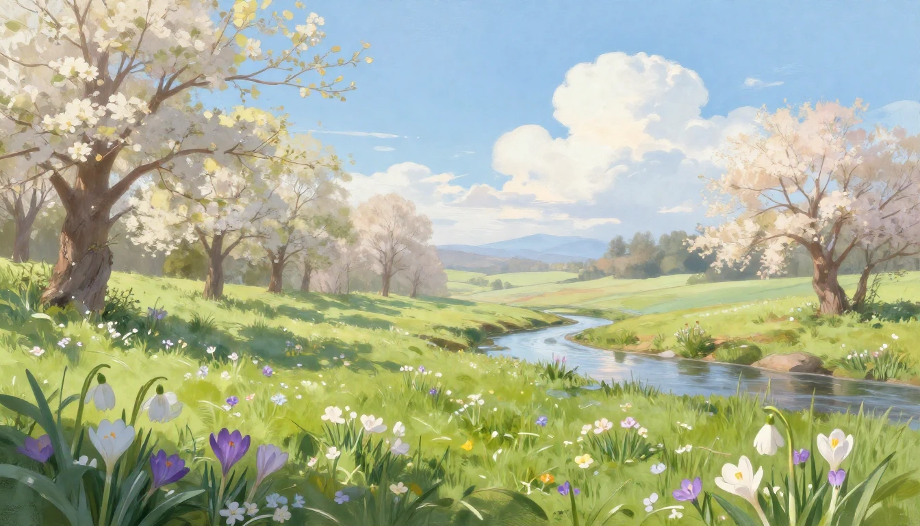 A serene landscape celebrating the first day of spring. Soft...