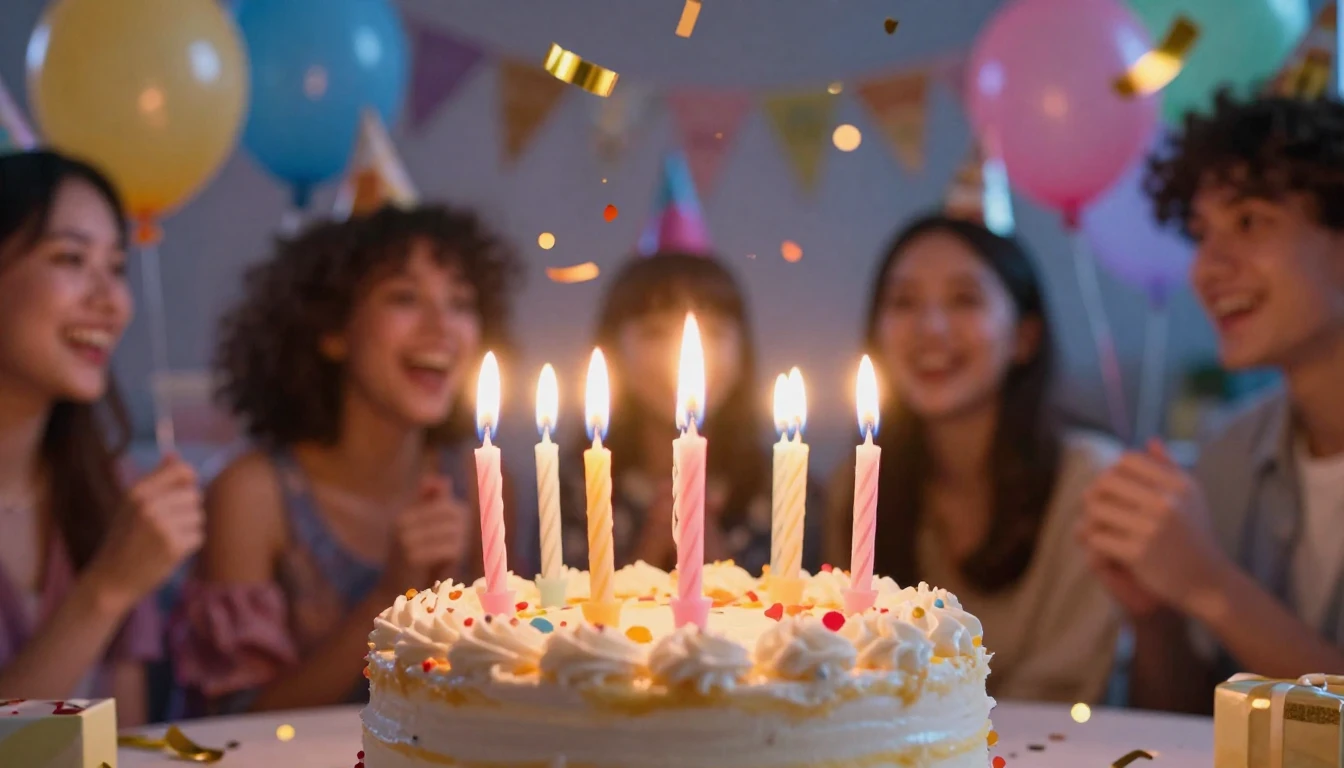 A vibrant and festive birthday celebration scene, close-up o...