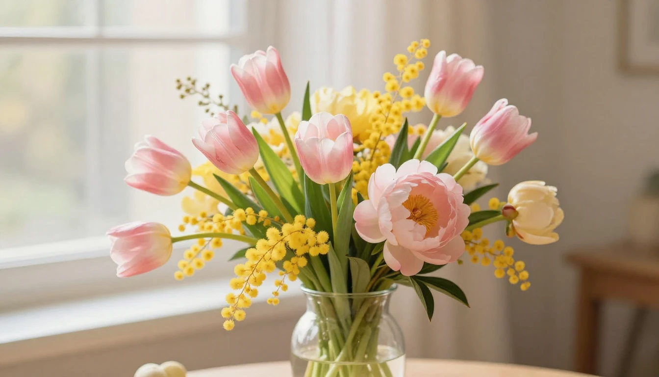 A beautiful and vibrant bouquet of spring flowers, including...