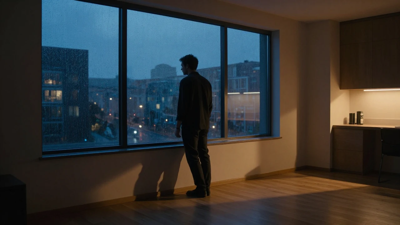 A cinematic, emotional scene of a lonely man standing by a r...