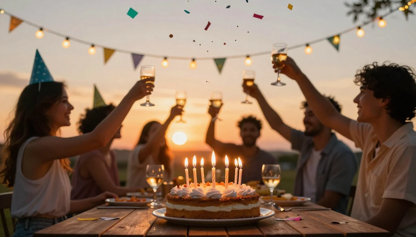 A vibrant and joyful scene of a birthday celebration outdoor...
