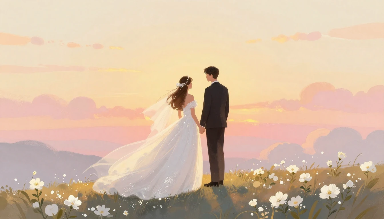 A romantic and dreamy illustration of a bride and groom stan...