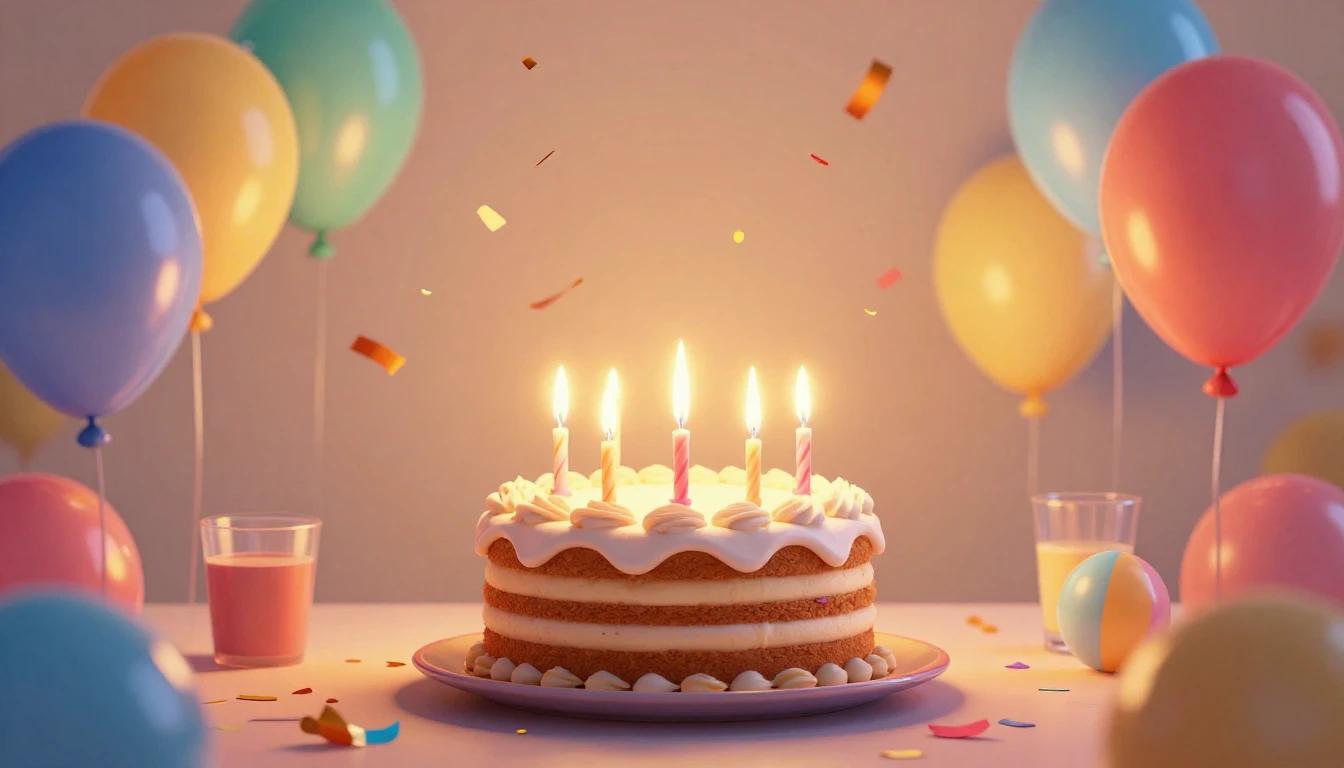 A vibrant and joyful birthday party scene, a delicious cake ...