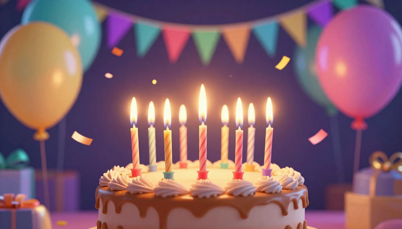 A vibrant and festive birthday party atmosphere, close-up of...