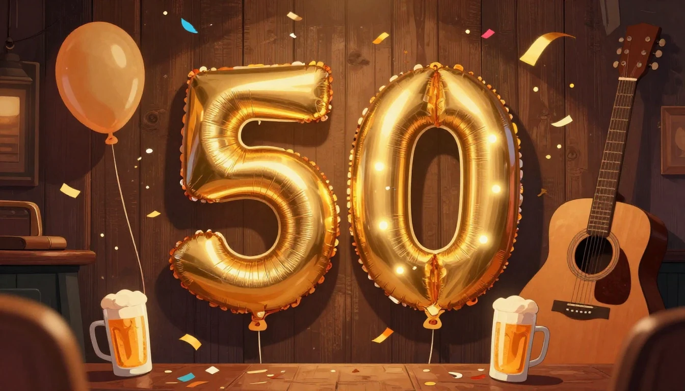 A festive and warm illustration celebrating a 50th birthday....